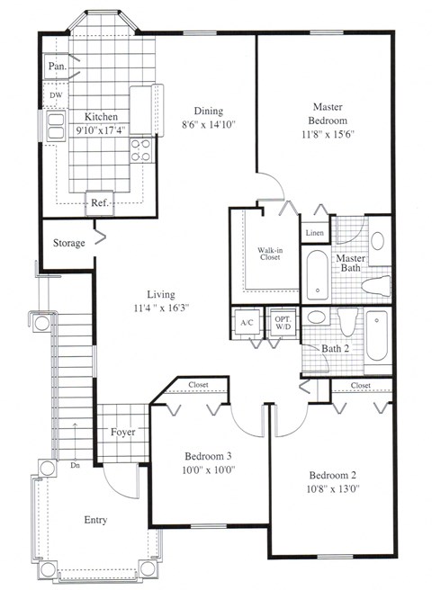 Floor plan for 3 beds, 2 baths, 1389 sqft